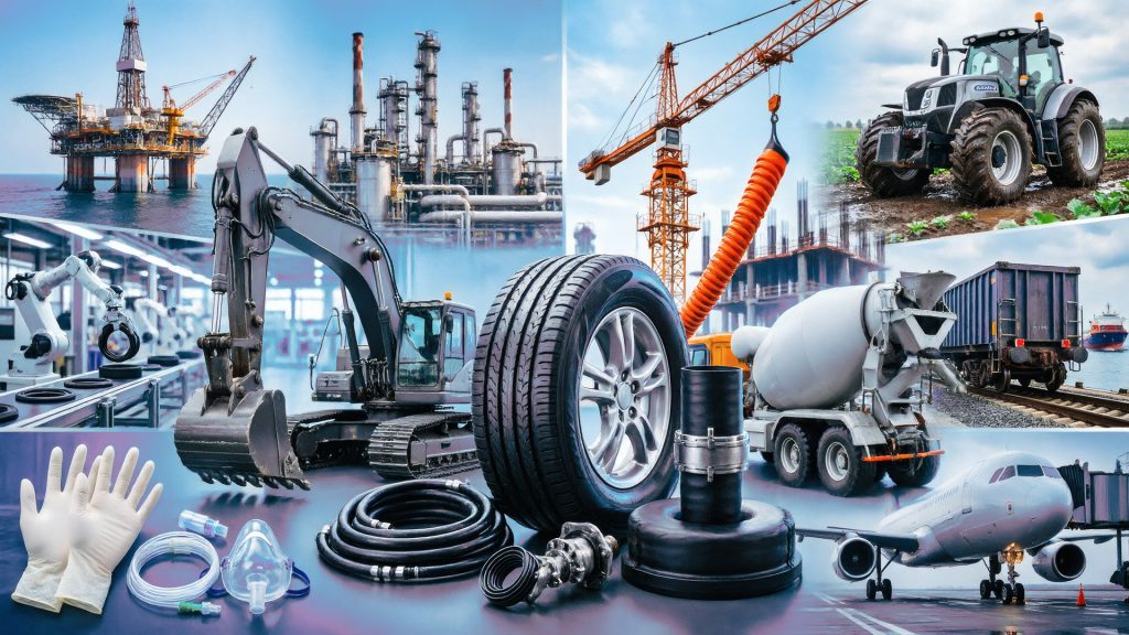 Composite image showing all major rubber-consuming industries: automotive, mining, construction, oil & gas, agriculture, manufacturing, rail, marine, medical, and aerospace with rubber products