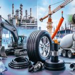 Composite image showing all major rubber-consuming industries: automotive, mining, construction, oil & gas, agriculture, manufacturing, rail, marine, medical, and aerospace with rubber products